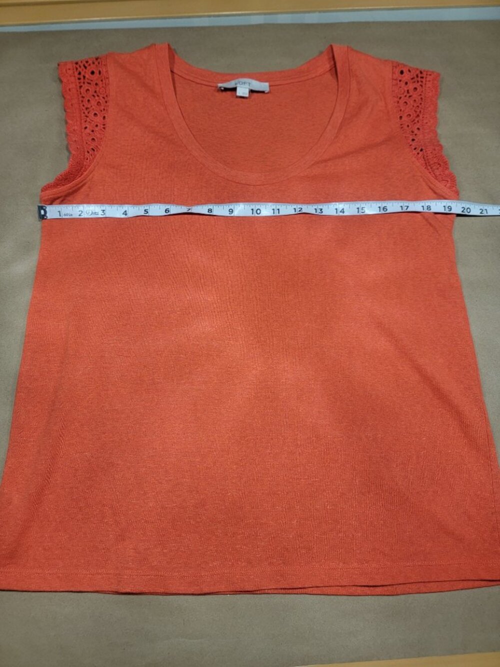 Loft Size L Red-Orange Poppy Scoop Neck T-Shirt with Crochet Lace Sleeves - Picture 7 of 12